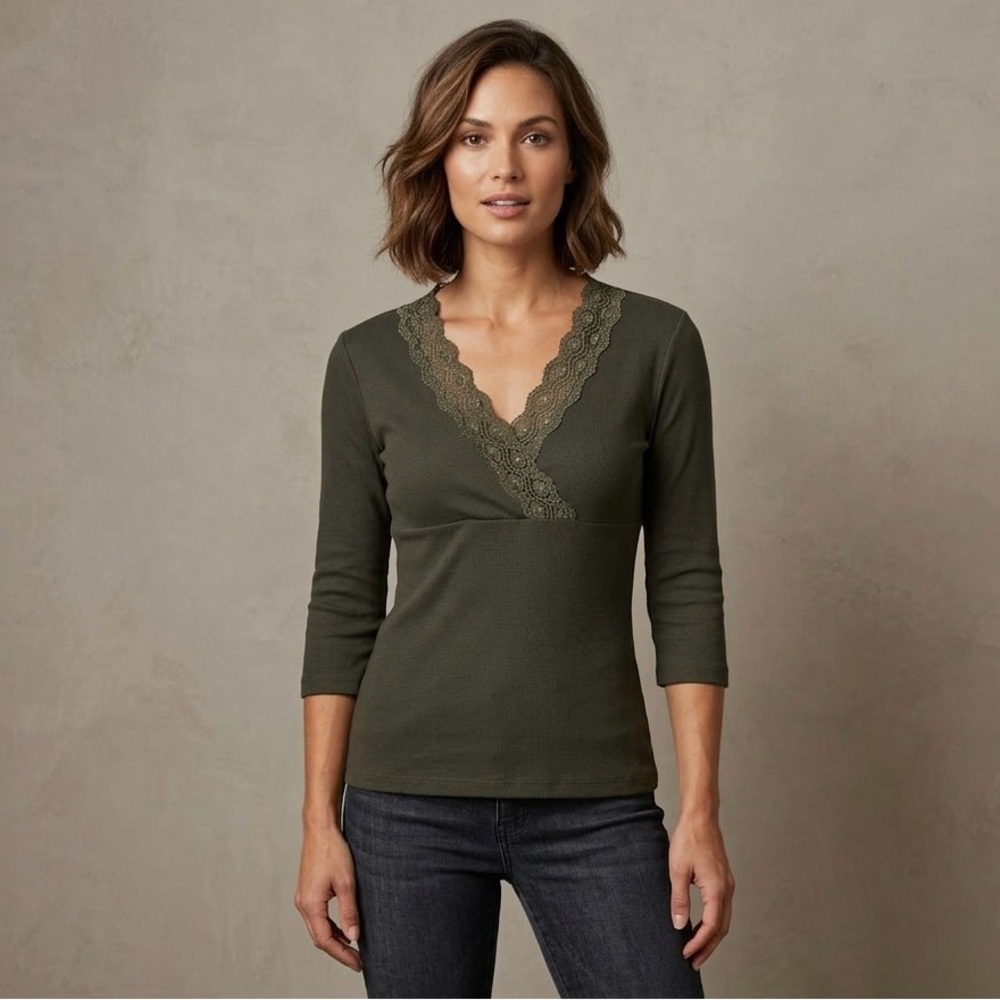Gitano Olive Lace-Trim V-Neck Long Sleeve Top